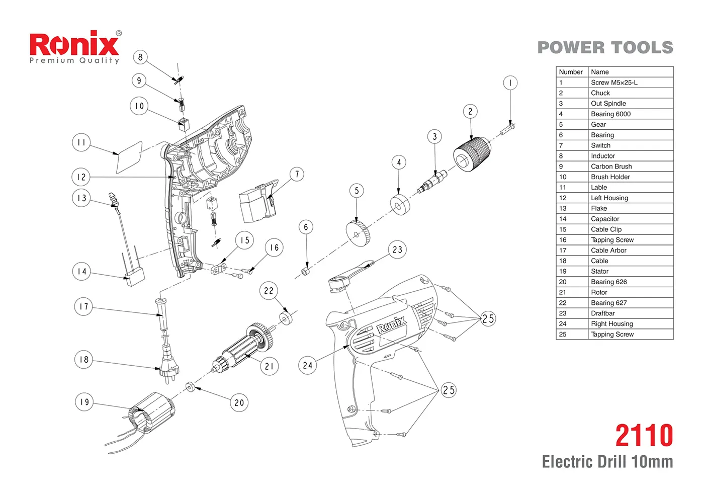 نقشه انفجاری دریل برقی رونیکس مدل 2110