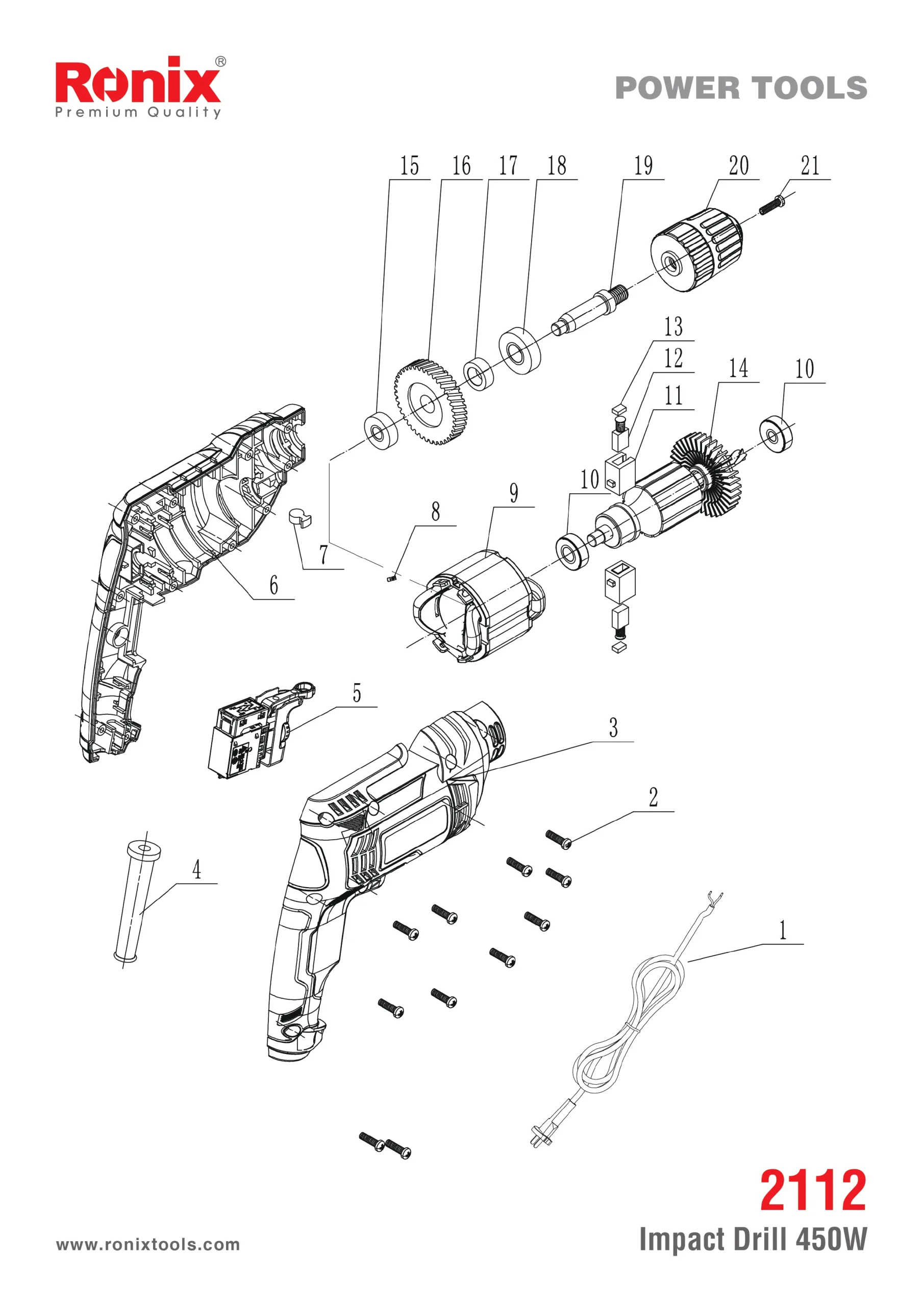 نقشه انفجاری دریل برقی رونیکس مدل 2112